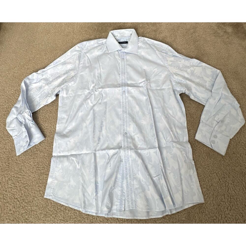 ZAGIRI Mens Light Blue Damask Button Up Shirt 100% Cotton Floral Jacquard XL
